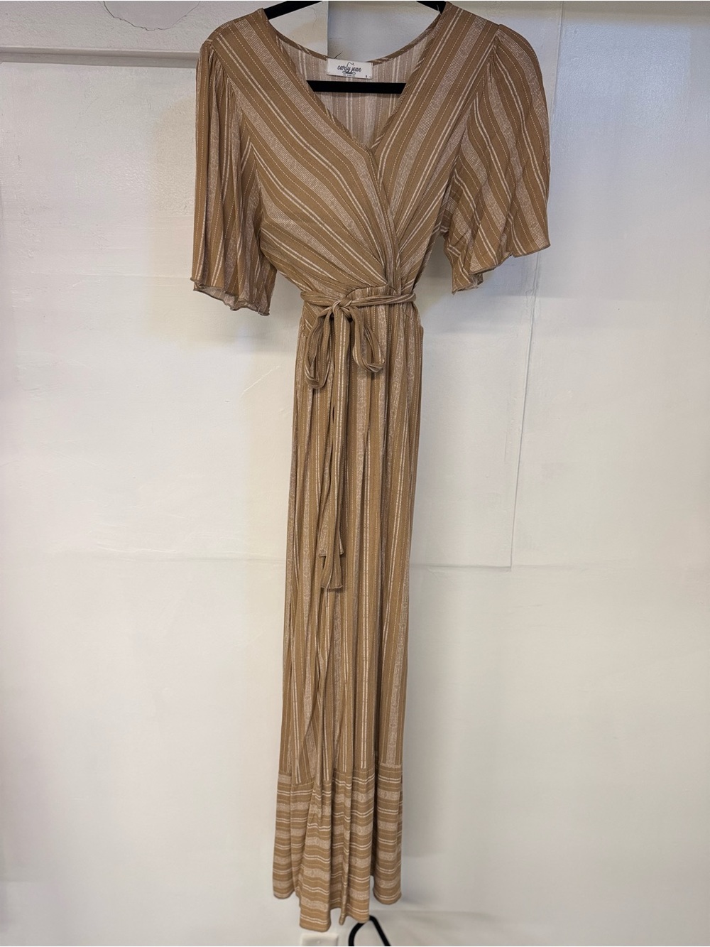 Striped Tan Wrap Maxi Dress with Tie Waist